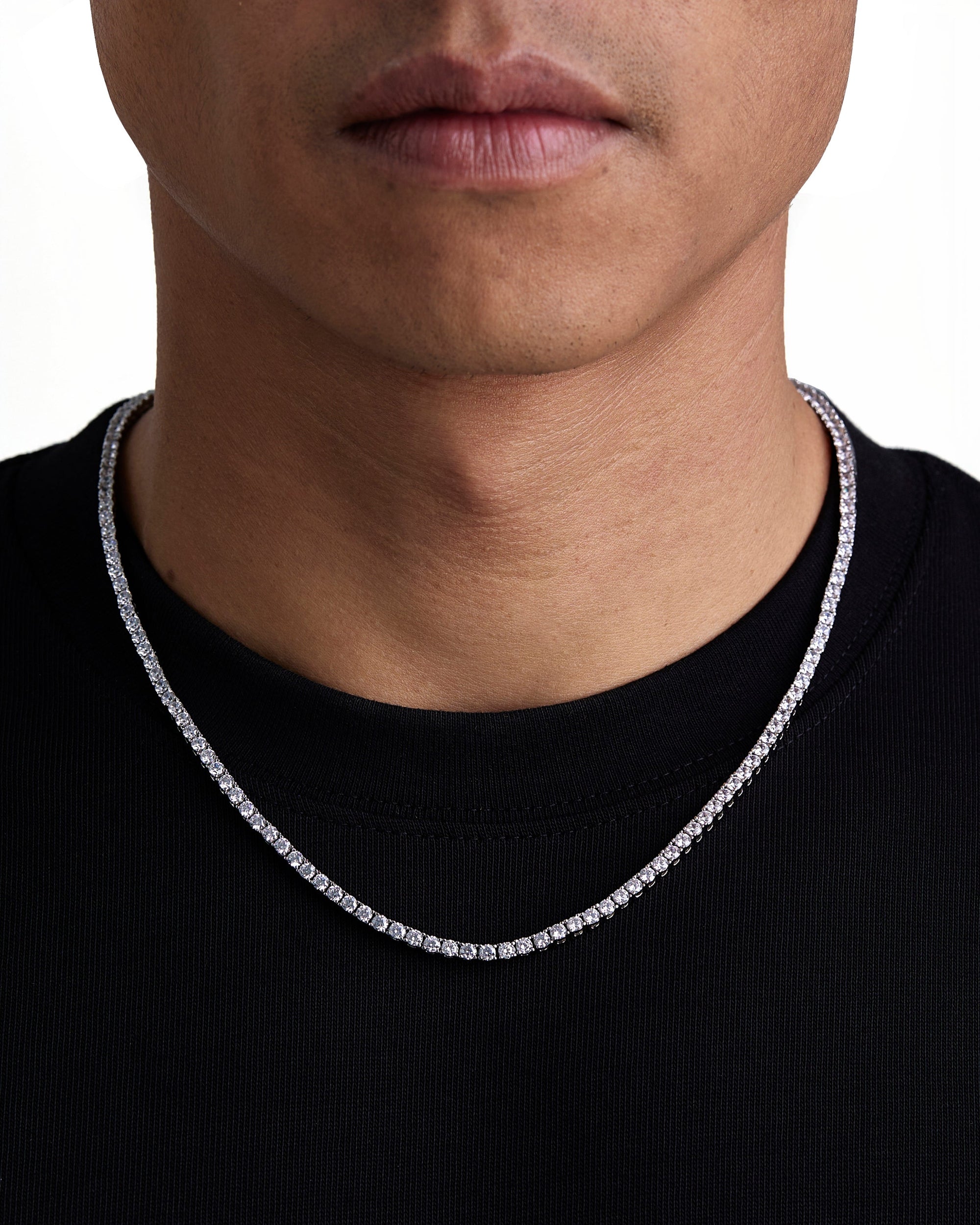 Model wearing 3mm white gold ice sparkler tennis chain set by Iceman Society, front view