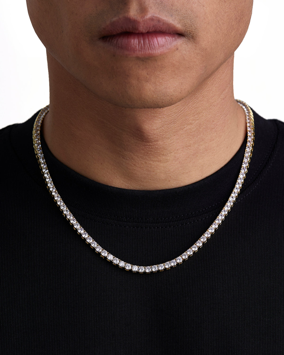 Model wearing 4mm 18K gold ice sparkler tennis chain set by Iceman Society, front view