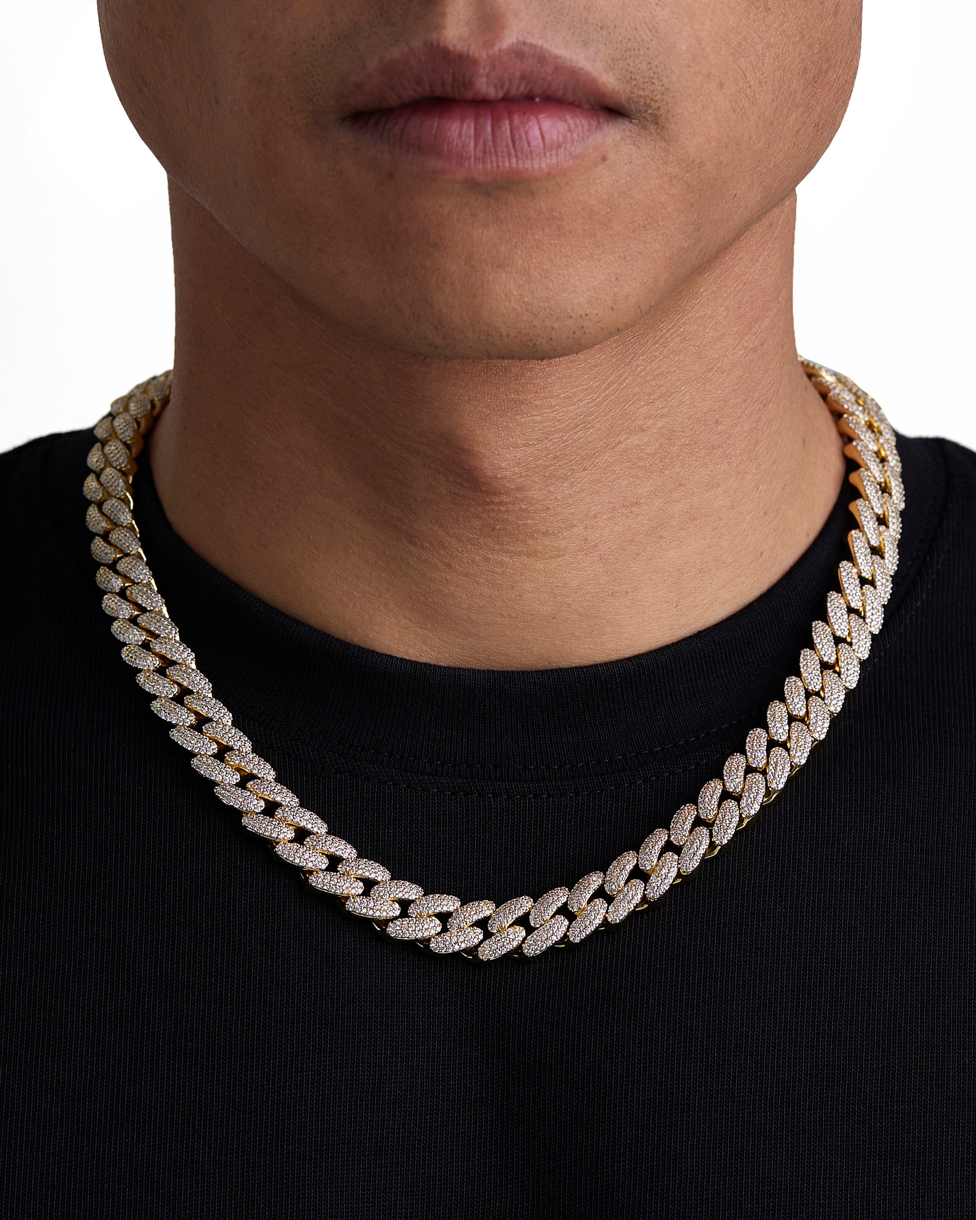 Model wearing 12mm 18K gold iceman cuban necklace by Iceman Society, front view